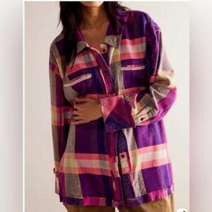 Free People We The Free So Long Summer Preppy Plaid Button Up Boho Flannel Top